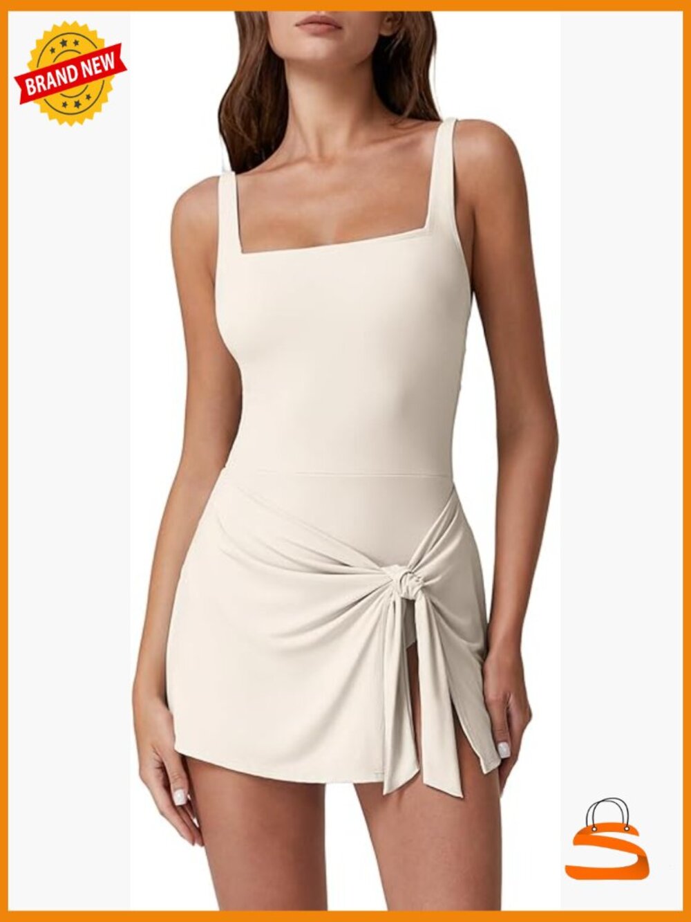 Women’s Cream Square-Neck Swim Dress with Side Tie
